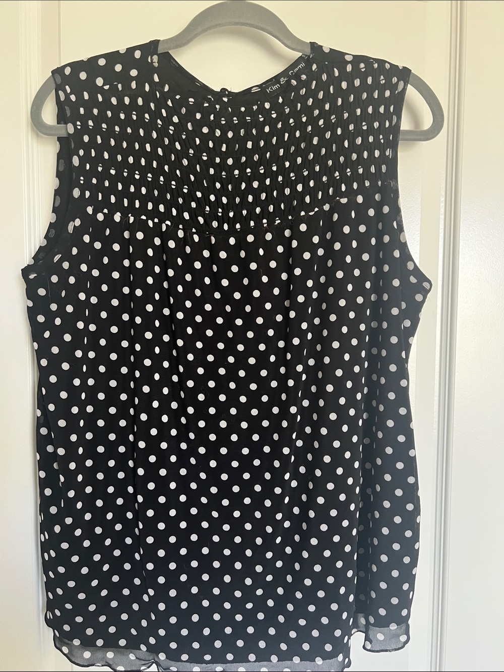 Kim & Cami Black & White Polka Dot Sleeveless Smocked Yoke Top